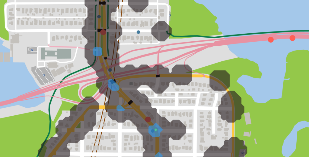 a heatmap covering about a square mile of streets south of the Montlake
  Bridge, with hotspots on the intersections leading up to the bridge