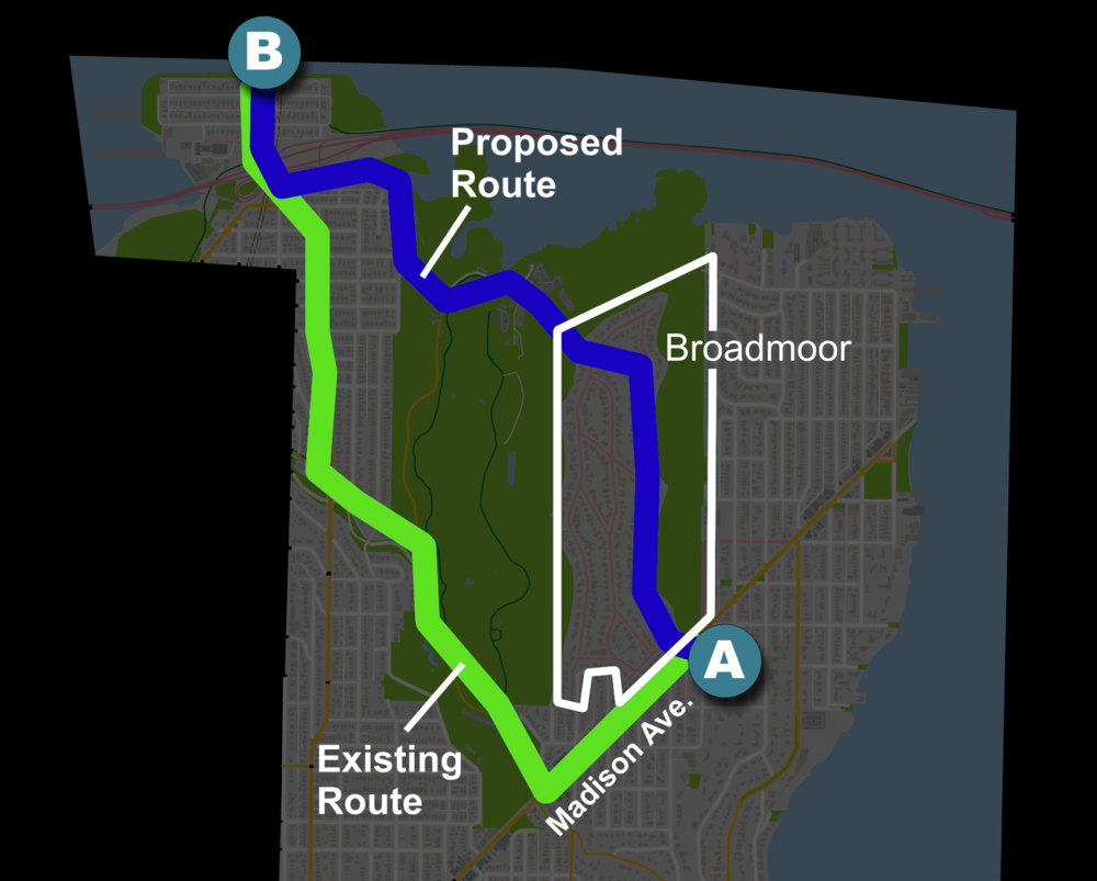 a proposed route, cutting through the arboretum and Broadmoor neighborhood, as opposed to a longer route possible today