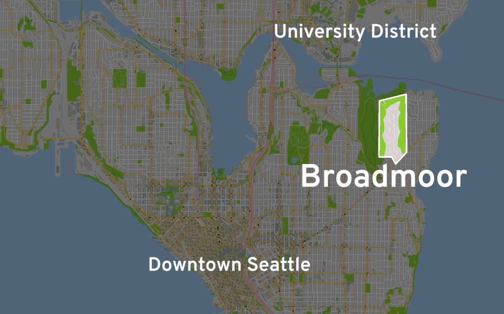 a map of part of Seattle, highlighting the Broadmoor neighborhood, about 2.5 miles northeast of downtown.
